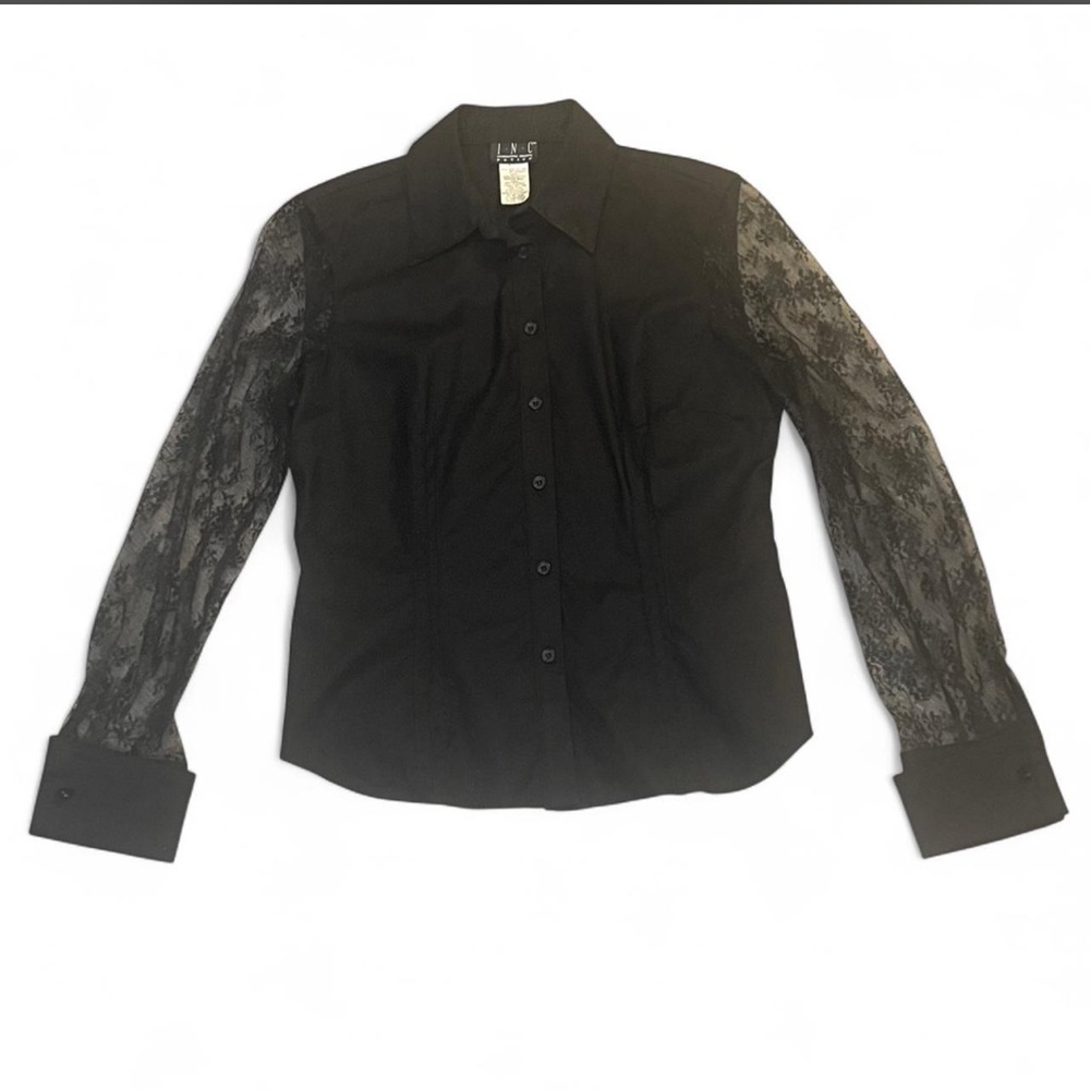 INC Vintage Black Button-Up Shirt with Lace Sleeves size 10P